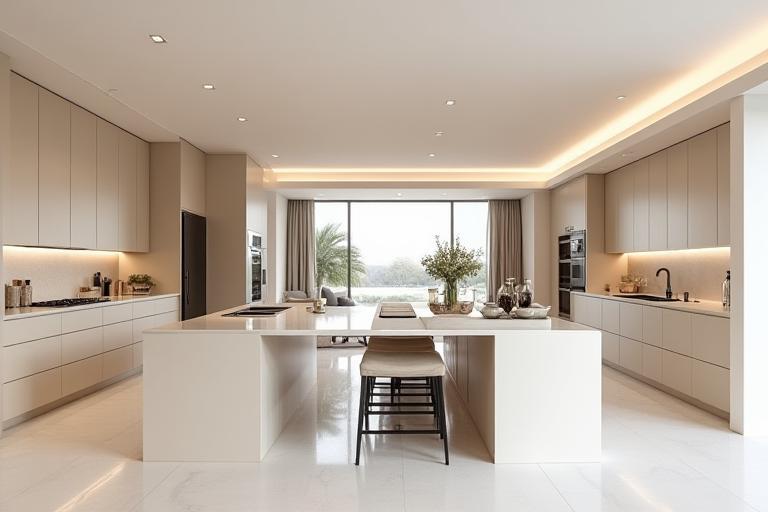 Modern kitchen design with large island in Dubai